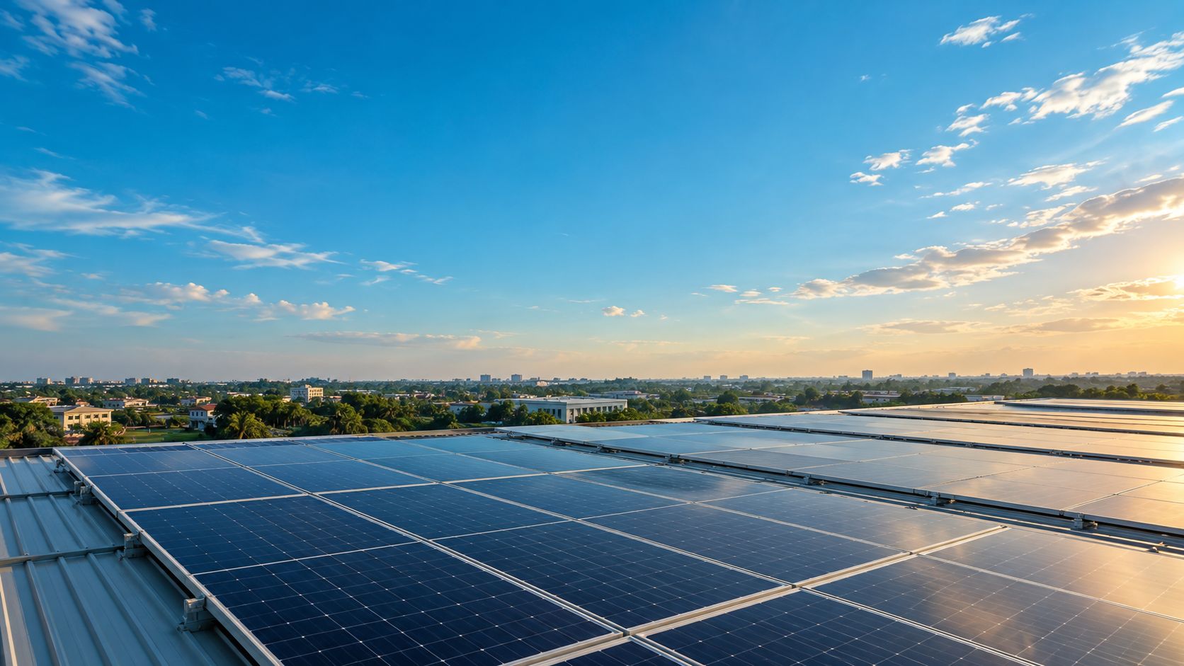 Illustration of solar panels on an industrial rooftop under a clear sky